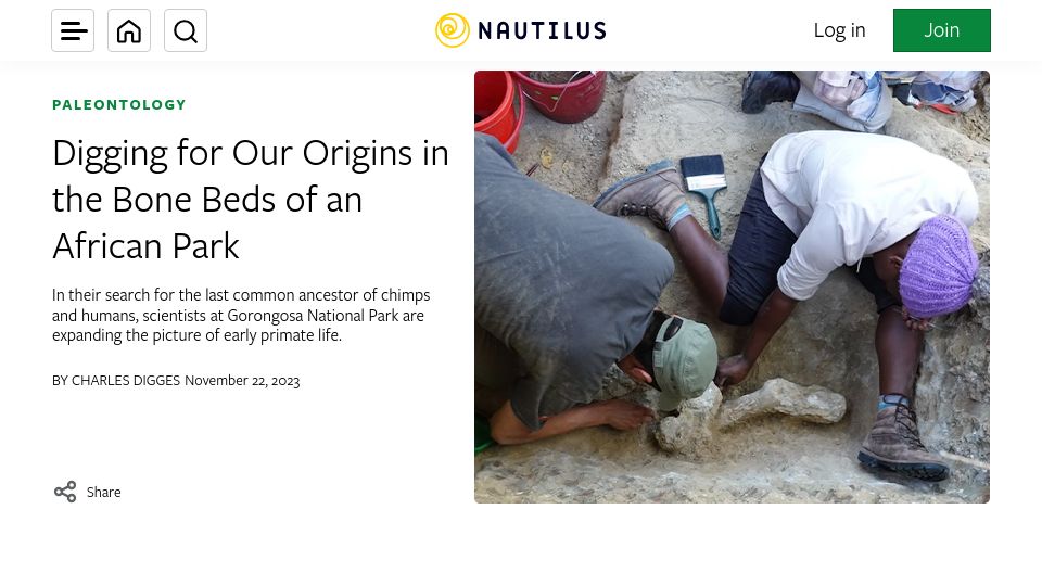 Screenshot of nautil.us: Digging for Our Origins in the Bone Beds of an African Park