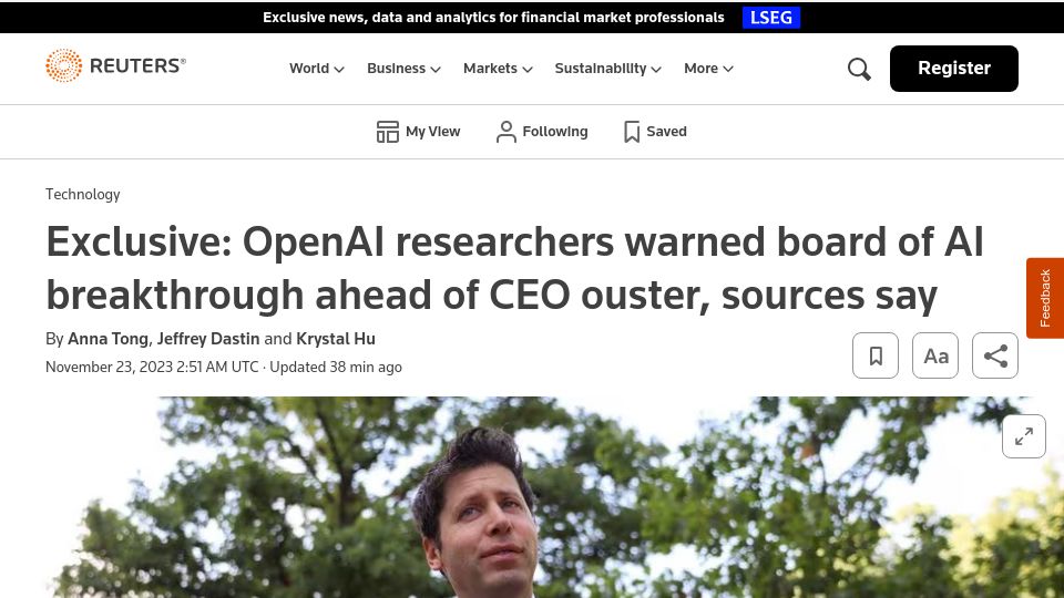 Screenshot of reuters.com: OpenAI researchers warned board of AI breakthrough ahead of CEO ouster