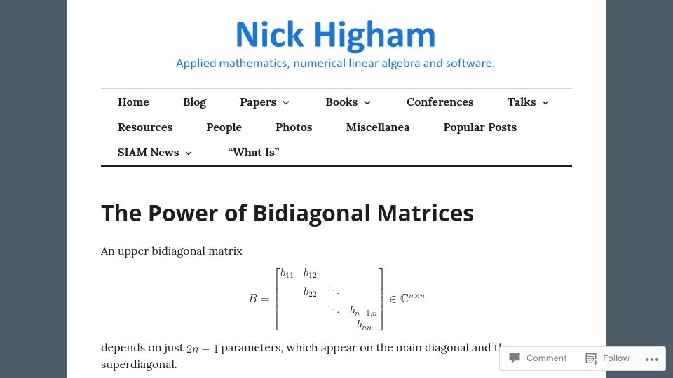 Screenshot of nhigham.com: The power of bidiagonal matrices