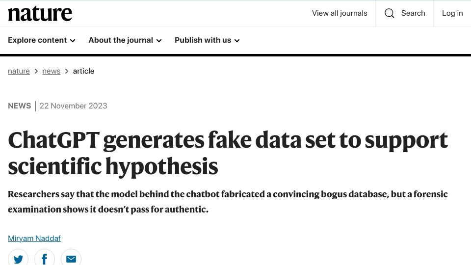 Screenshot of nature.com: ChatGPT generates fake data set to support scientific hypothesis