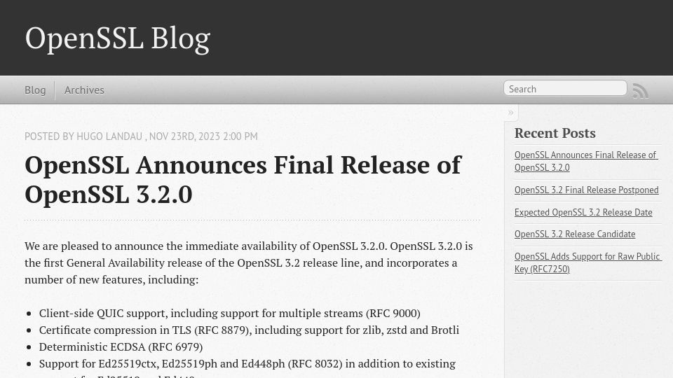 Screenshot of openssl.org: OpenSSL Announces Final Release of OpenSSL 3.2.0