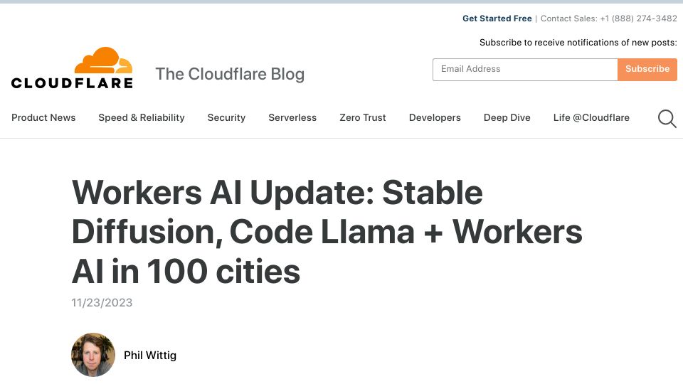Screenshot of blog.cloudflare.com: Workers AI Update: Stable Diffusion, Code Llama and Workers AI in 100 Cities