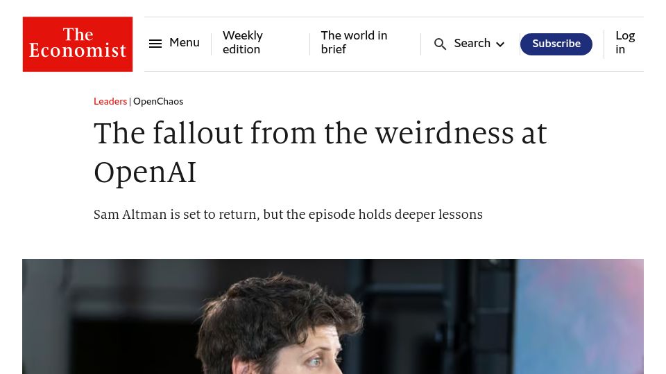 Screenshot of economist.com: The Fallout from the Weirdness at OpenAI