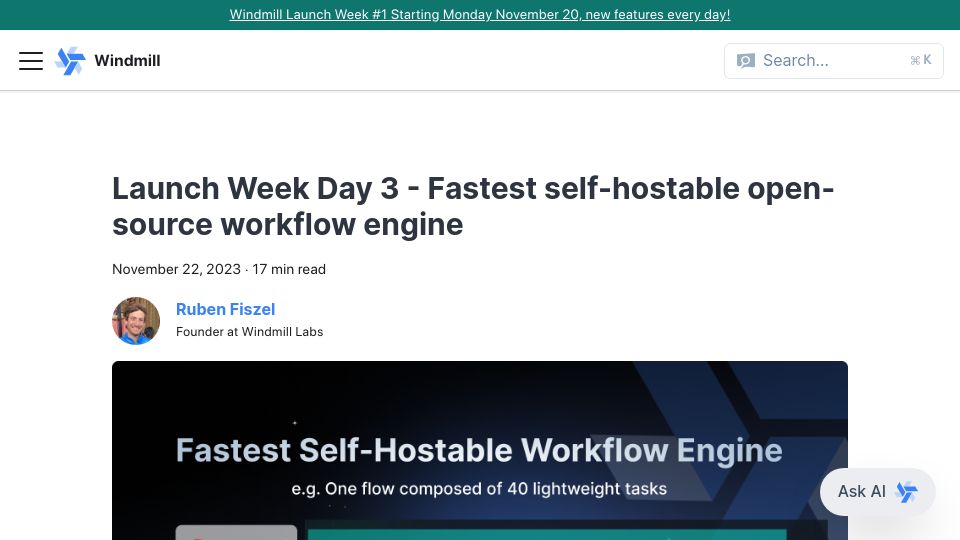 Screenshot of windmill.dev: Fast self-hostable open-source workflow engine