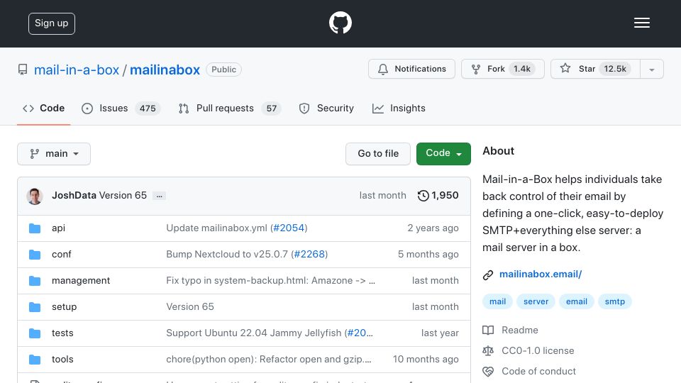 Screenshot of github.com: Mail-in-a-Box: a mail server in a box