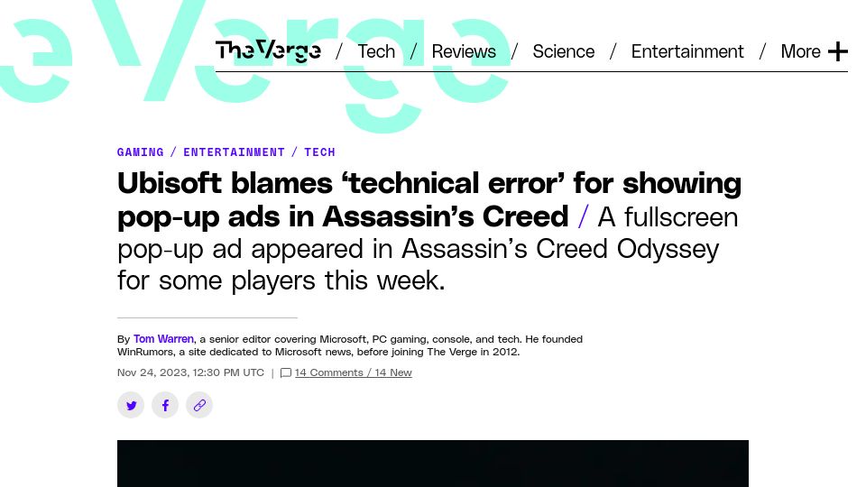 Screenshot of theverge.com: Ubisoft blames 'technical error' for showing pop-up ads in Assassin's Creed