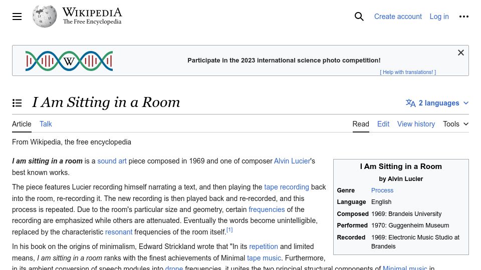 Screenshot of en.wikipedia.org: I Am Sitting in a Room (1969)