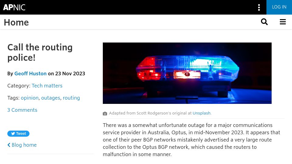 Screenshot of blog.apnic.net: Call the Routing Police