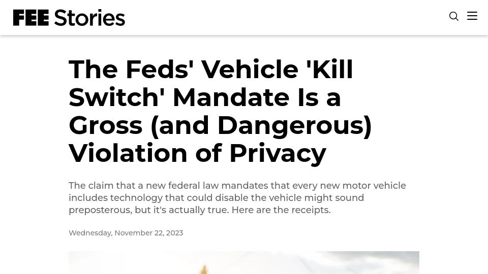 Screenshot of fee.org: The feds' vehicle 'kill switch' mandate is a gross violation of privacy
