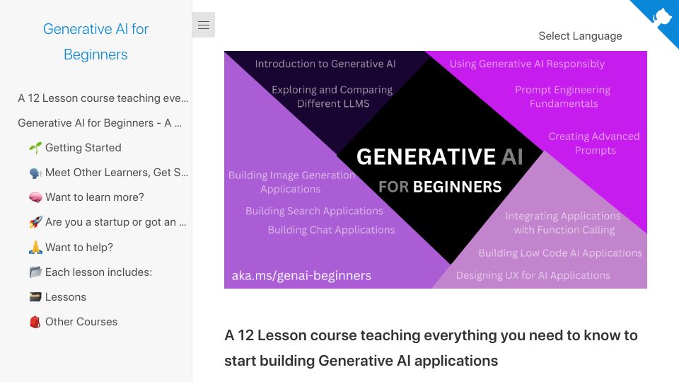 Screenshot of microsoft.github.io: Generative AI for Beginners
