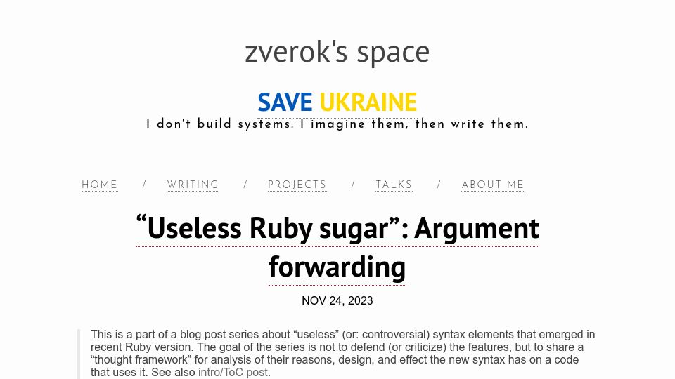 Screenshot of zverok.space: "Useless Ruby sugar": Argument forwarding