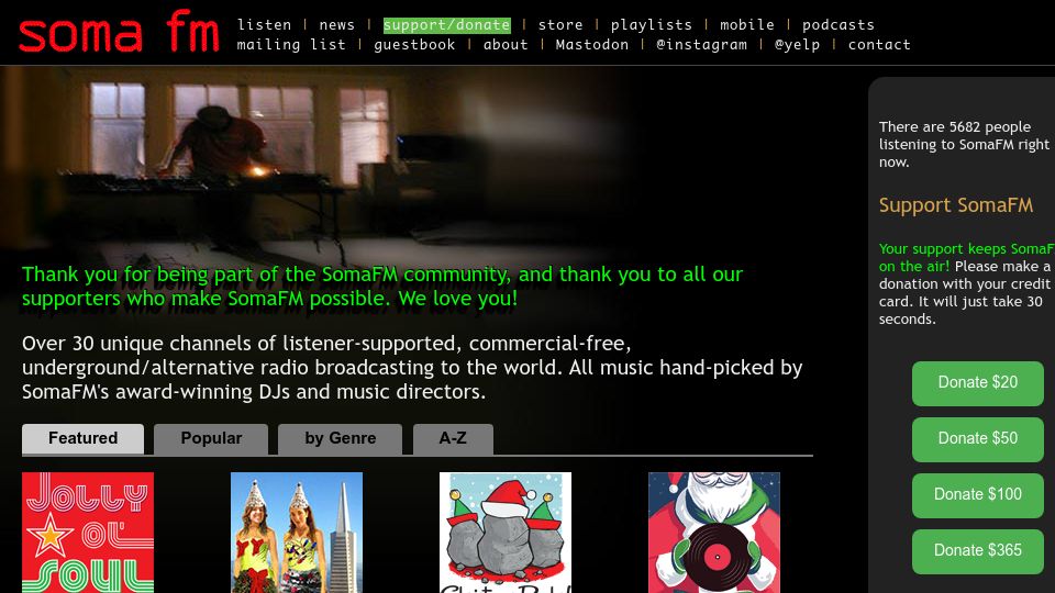 Screenshot of somafm.com: If somafm ever goes away I'll stop writing software