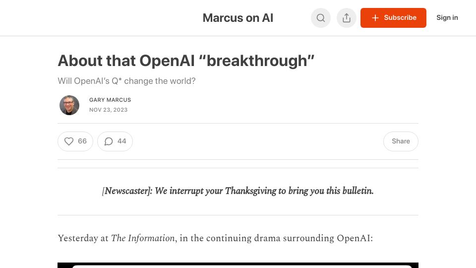 Screenshot of garymarcus.substack.com: About That OpenAI "Breakthrough"