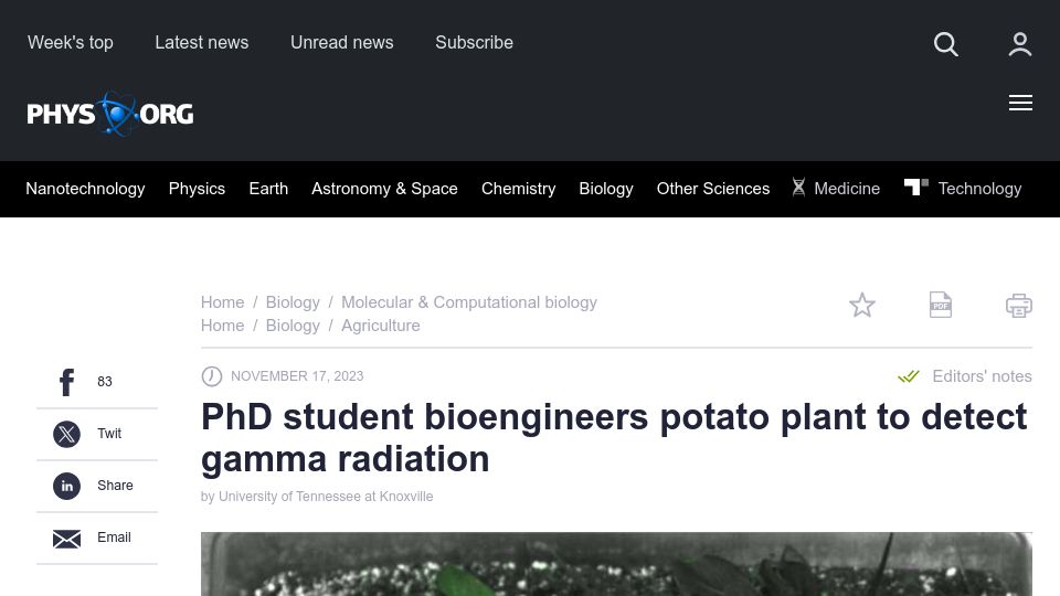 Screenshot of phys.org: PhD student bioengineers potato plant to detect gamma radiation