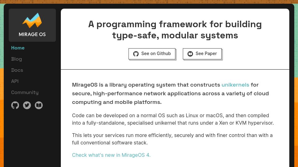 Screenshot of mirage.io: Mirage – A programming framework for building type-safe, modular systems