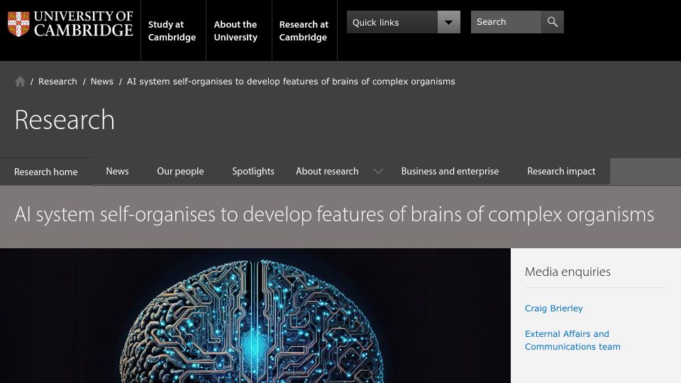 Screenshot of cam.ac.uk: AI system self-organises to develop features of brains of complex organisms