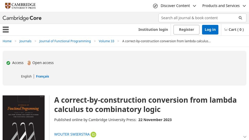 Screenshot of cambridge.org: A correct-by-construction conversion from lambda calculus to combinatory logic