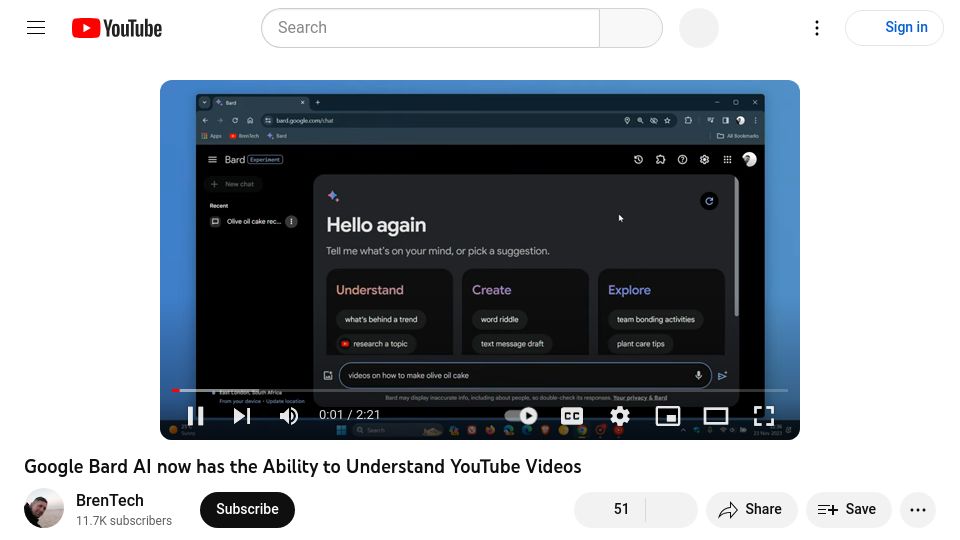 Screenshot of youtube.com: Google Bard AI Now Has the Ability to Understand YouTube Videos