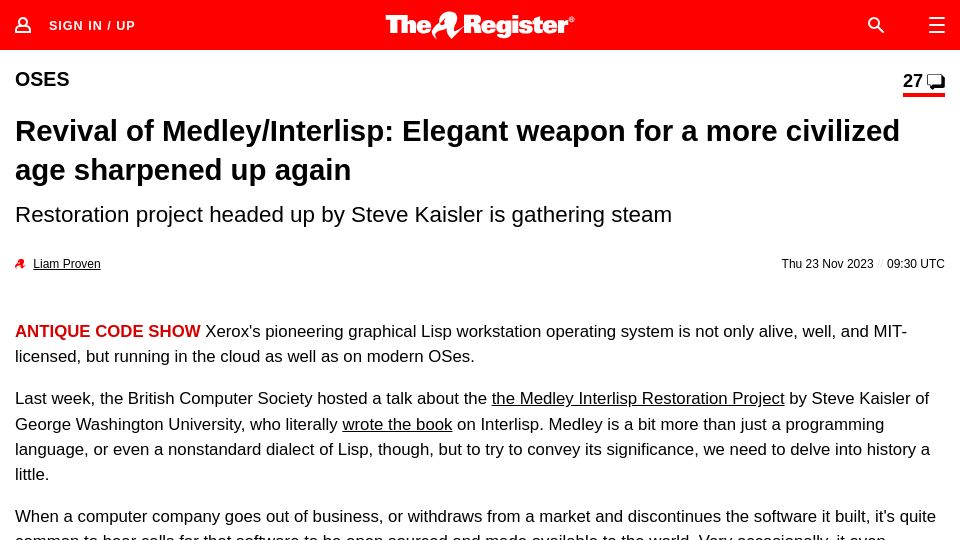 Screenshot of theregister.com: The Revival of Medley/Interlisp