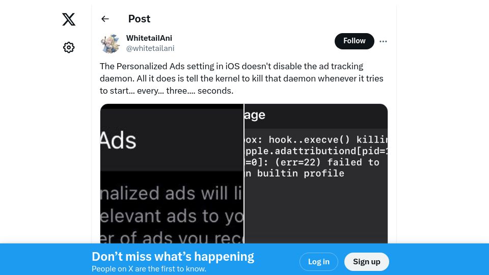 Screenshot of twitter.com: Disabling iOS Personalized Ads tells kernel to kill daemon every 3 seconds