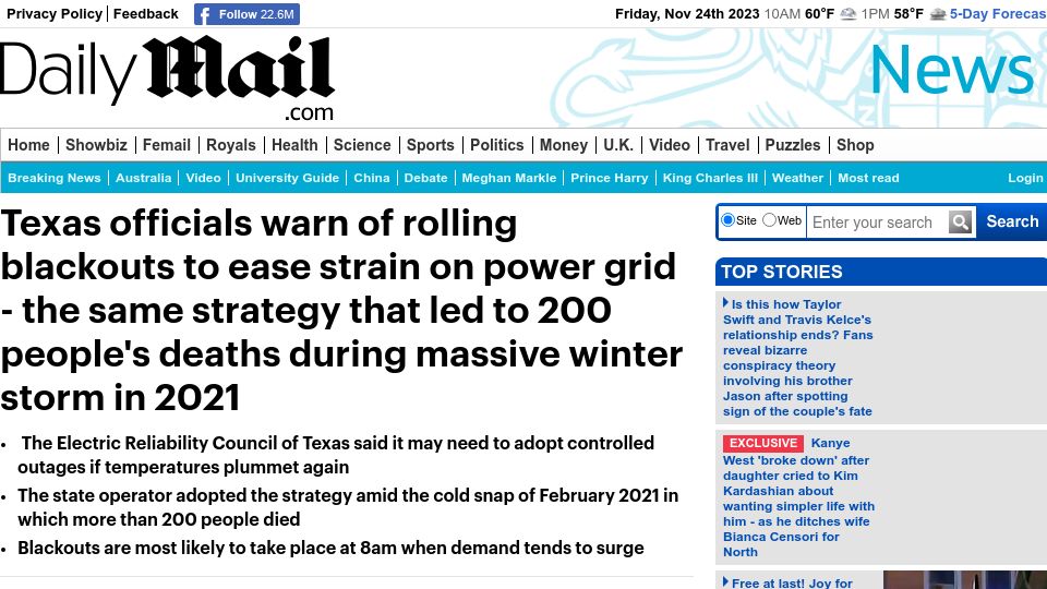 Screenshot of dailymail.co.uk: Texas officials warn of rolling blackouts to ease strain on power grid