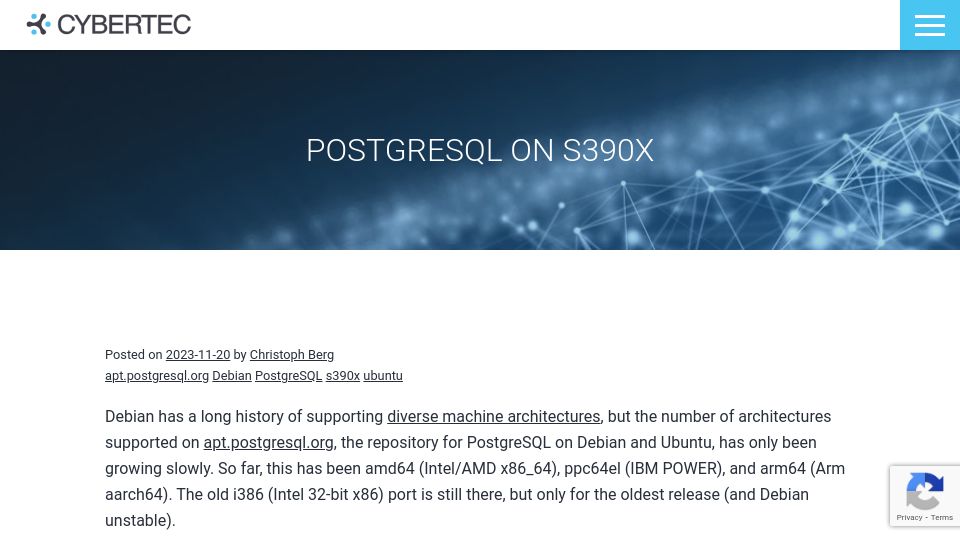 Screenshot of cybertec-postgresql.com: PostgreSQL on S390x