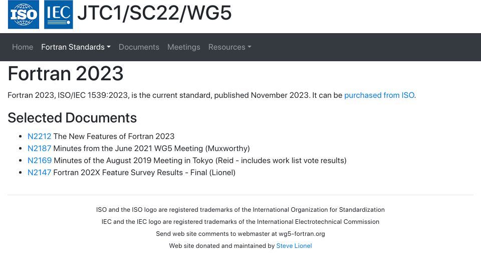 Screenshot of wg5-fortran.org: Fortran 2023