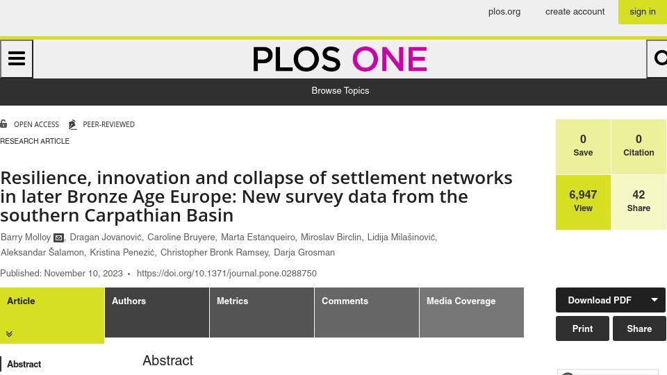 Screenshot of journals.plos.org: Resilience, innovation and collapse of settlement networks in Bronze Age Europe