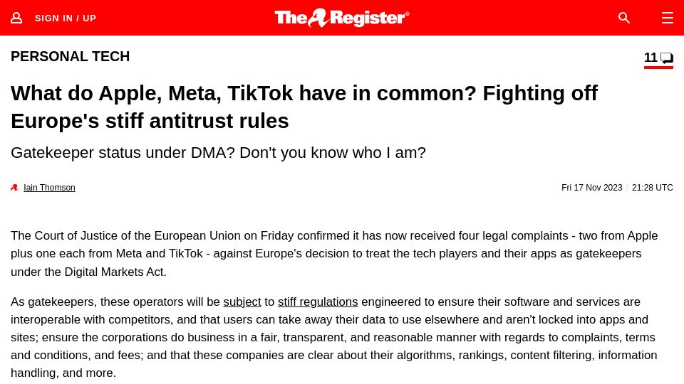 Screenshot of theregister.com: What do Apple, Meta, TikTok have in common? Fighting Europe's antitrust rules