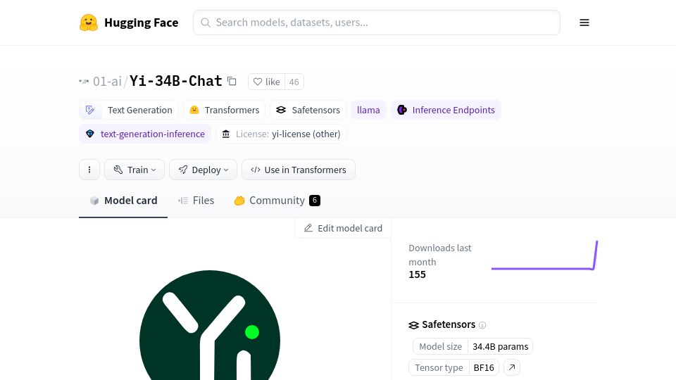 Screenshot of huggingface.co: Yi-34B-Chat