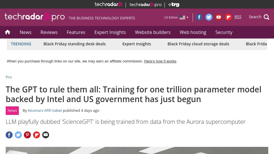 Screenshot of techradar.com: Training for one trillion parameter model backed by Intel and US govt has begun
