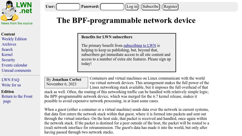 Screenshot of lwn.net: The BPF-programmable network device
