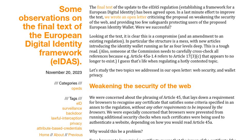 Screenshot of blog.xot.nl: Some observations on the final text of the European Digital Identity framework