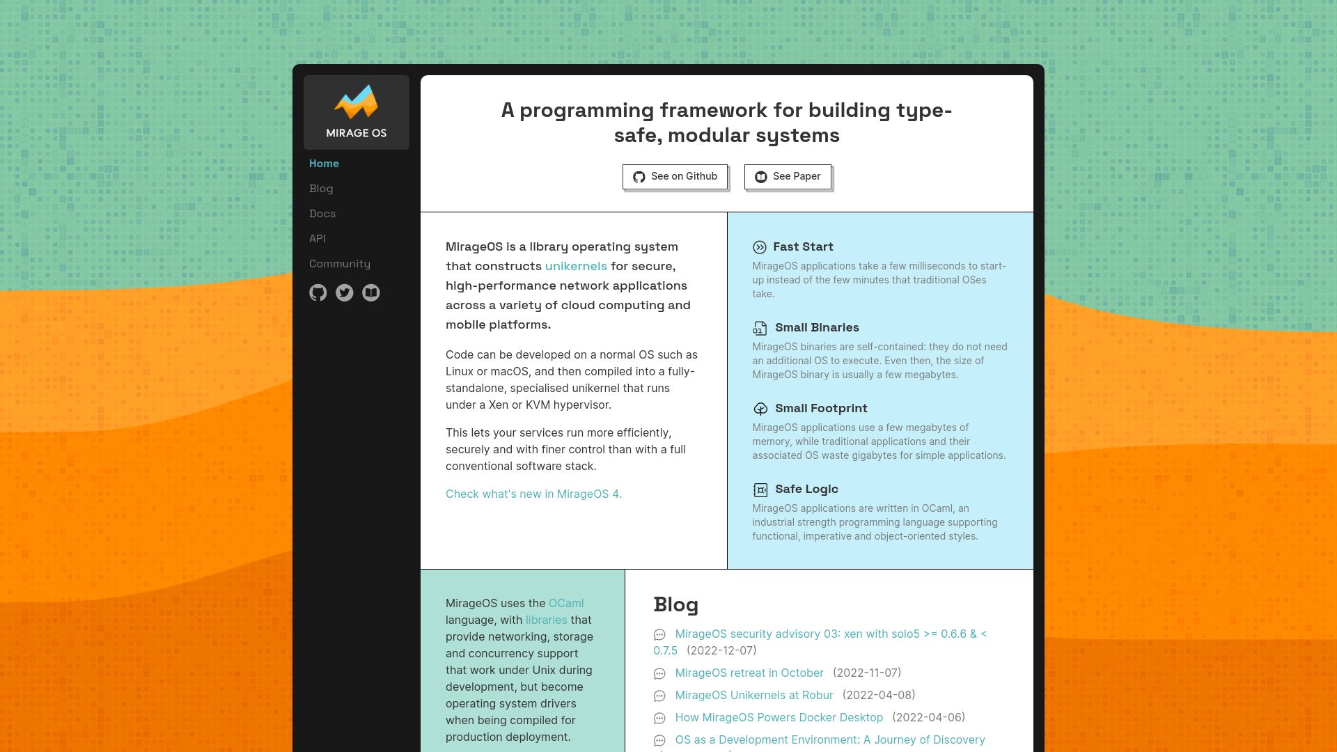 Screenshot of mirage.io: Mirage – A programming framework for building type-safe, modular systems