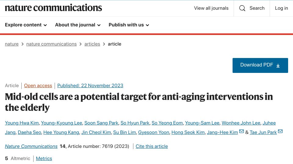 Screenshot of nature.com: Mid-old cells are a potential target for anti-aging interventions in the elderly
