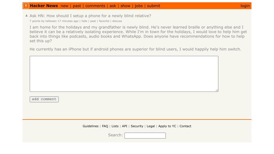 Screenshot of Hacker News post: Ask HN: How should I setup a phone for a newly blind relative?