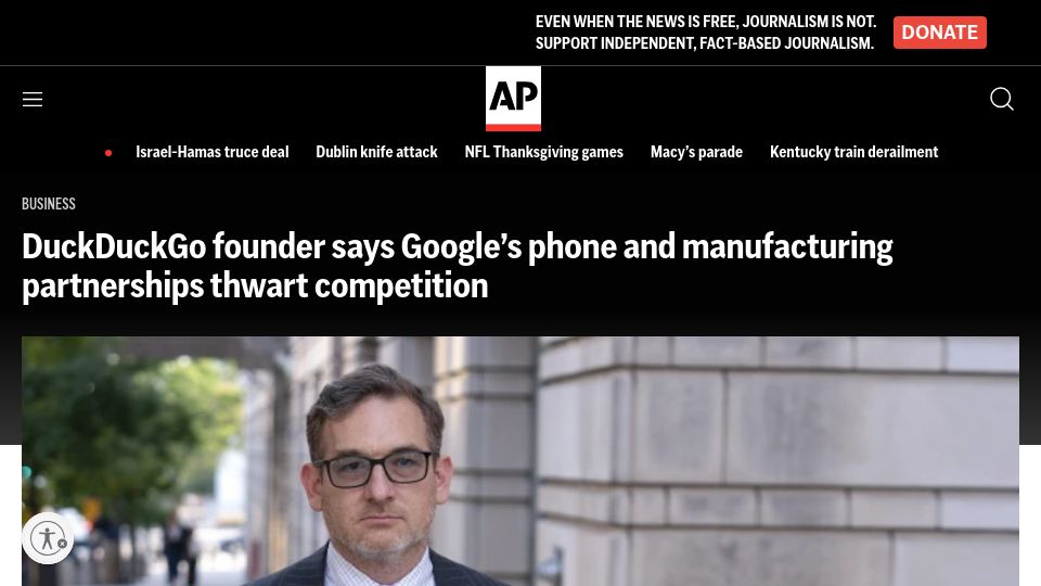 Screenshot of apnews.com: DDG founder says Google's phone, manufacturing partnerships thwart competition