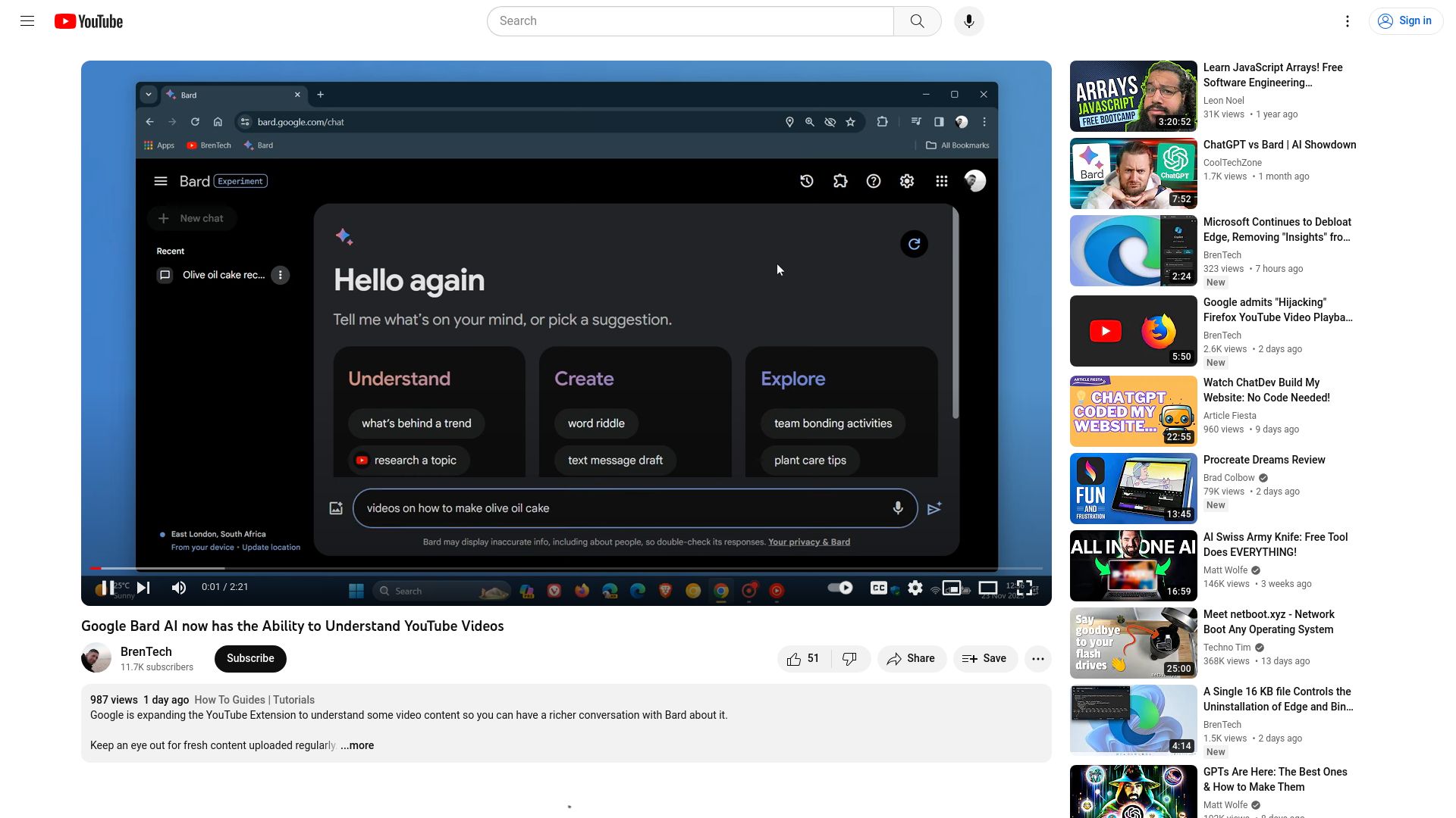 Screenshot of youtube.com: Google Bard AI Now Has the Ability to Understand YouTube Videos