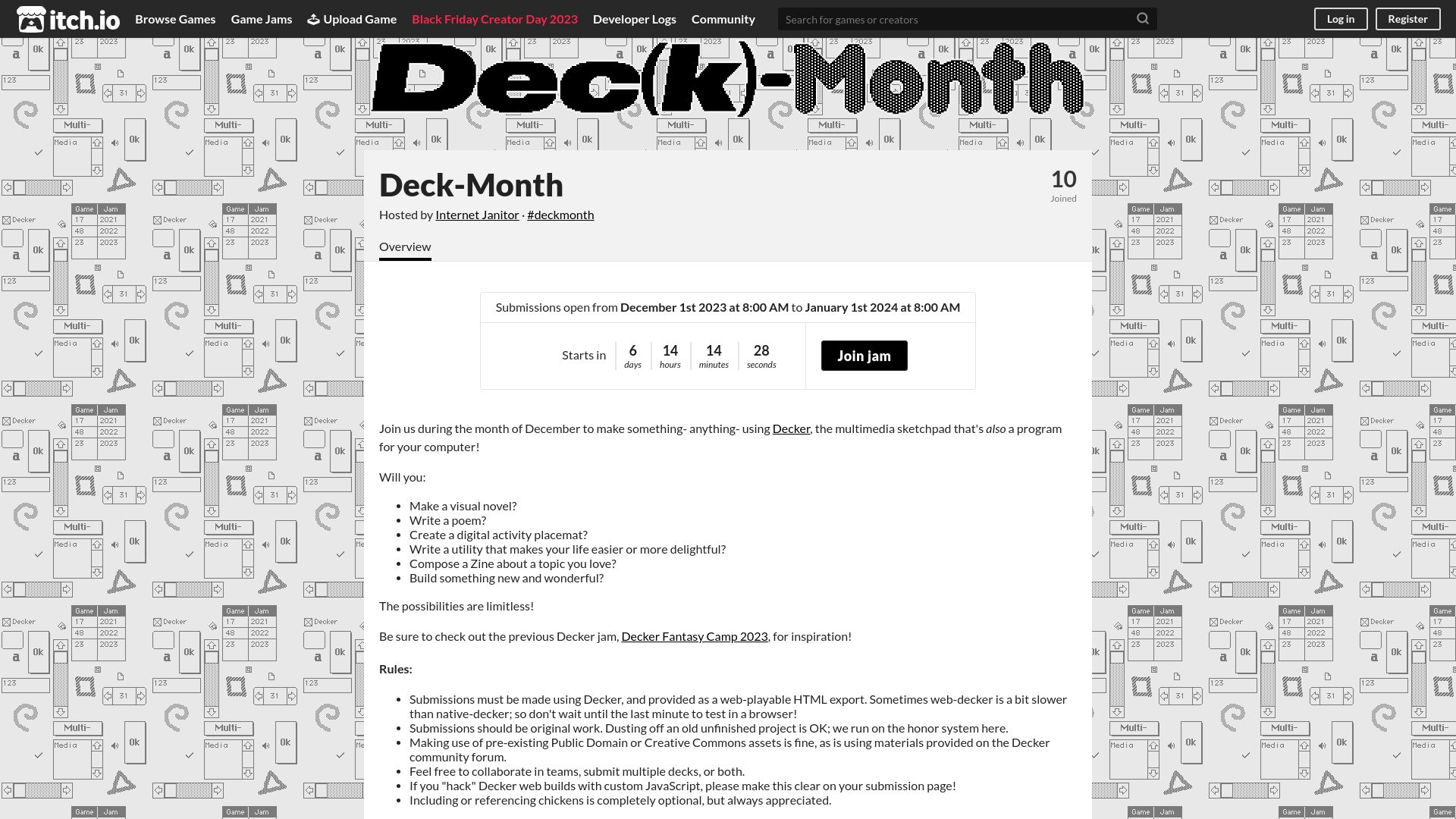 Screenshot of itch.io: Deck-Month: a Decker game jam