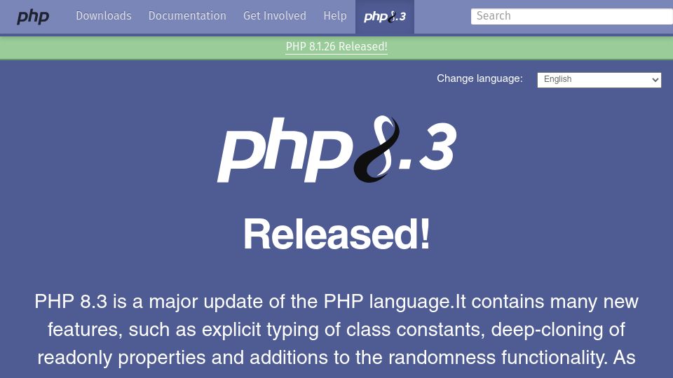Screenshot of php.net: PHP 8.3