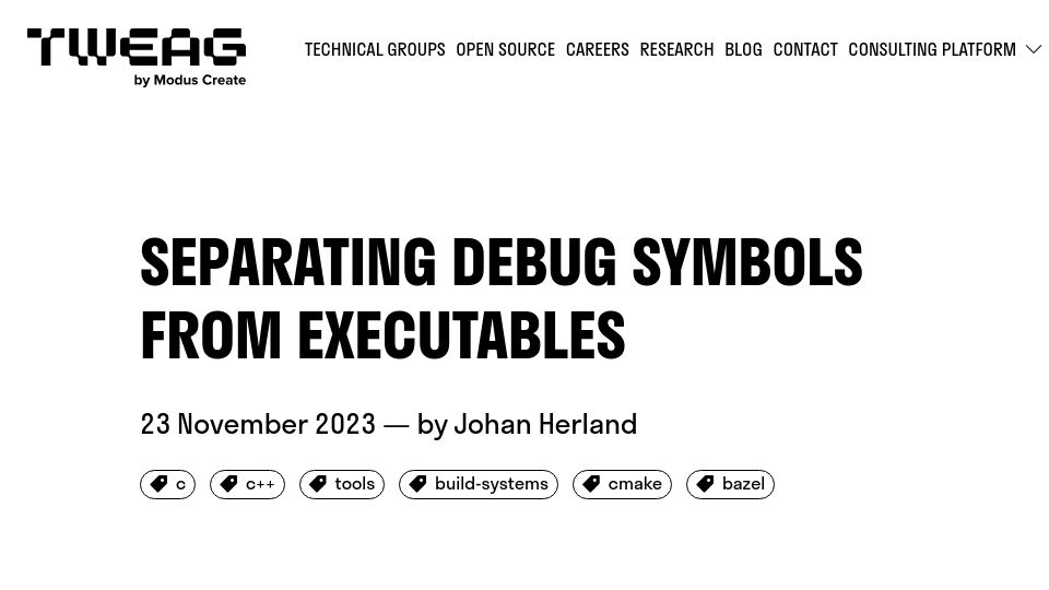 Screenshot of tweag.io: Separating debug symbols from executables