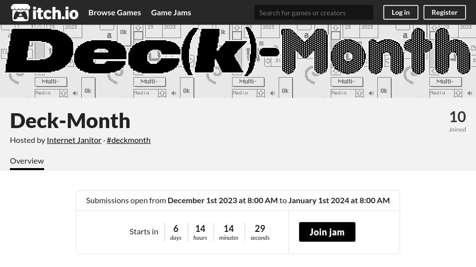 Screenshot of itch.io: Deck-Month: a Decker game jam