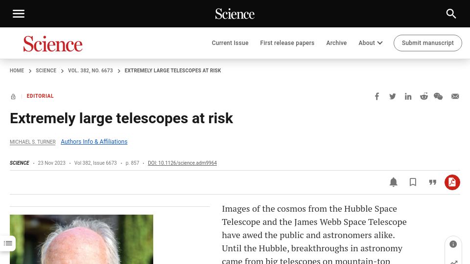 Screenshot of science.org: Extremely large telescopes at risk