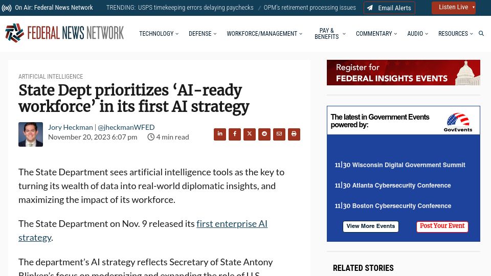 Screenshot of federalnewsnetwork.com: State Dept prioritizes 'AI-ready workforce' in its first AI strategy