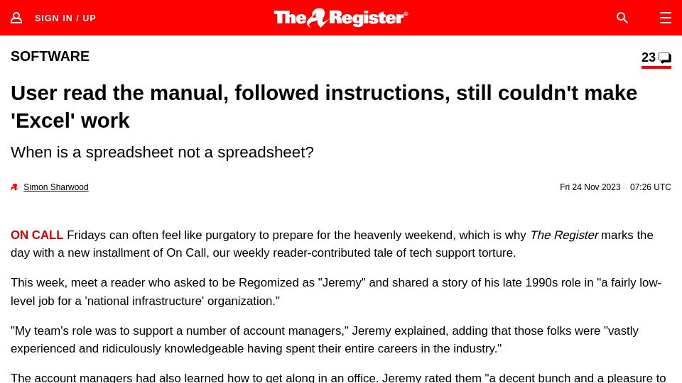 Screenshot of theregister.com: User read the manual, followed instructions, still couldn't make 'Excel' work