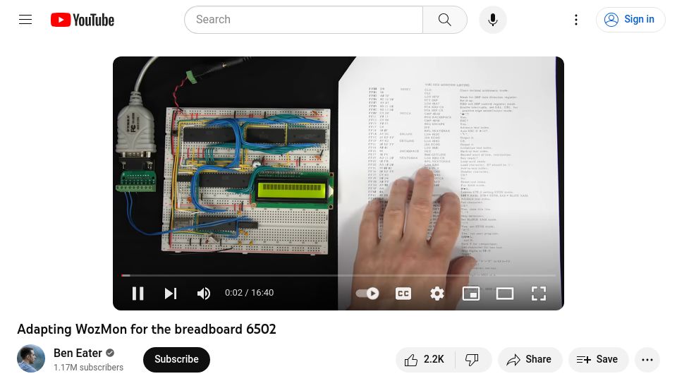 Screenshot of youtube.com: Adapting WozMon for the breadboard 6502 [video]
