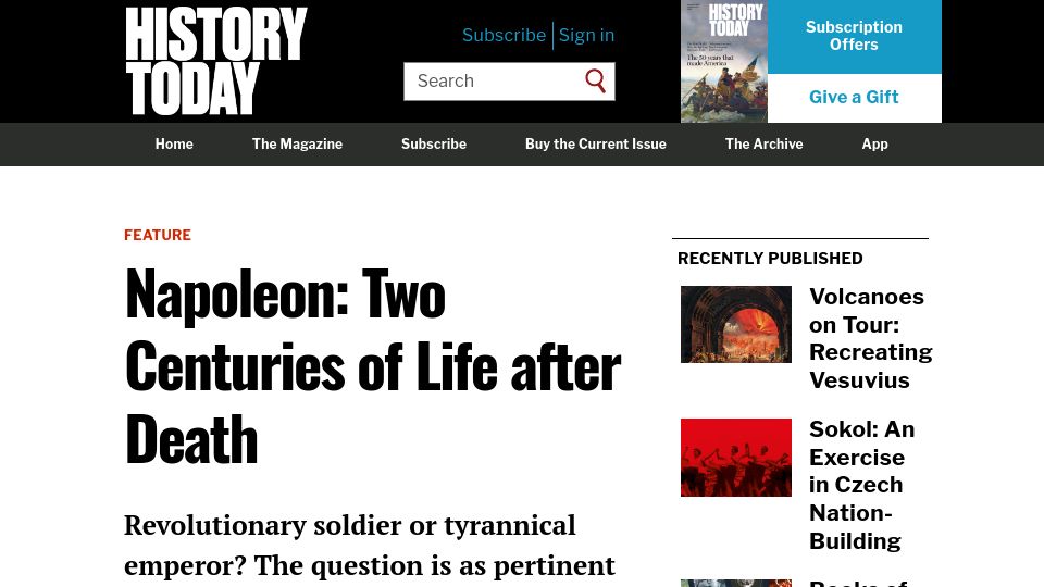 Screenshot of historytoday.com: Napoleon: Two centuries of life after death