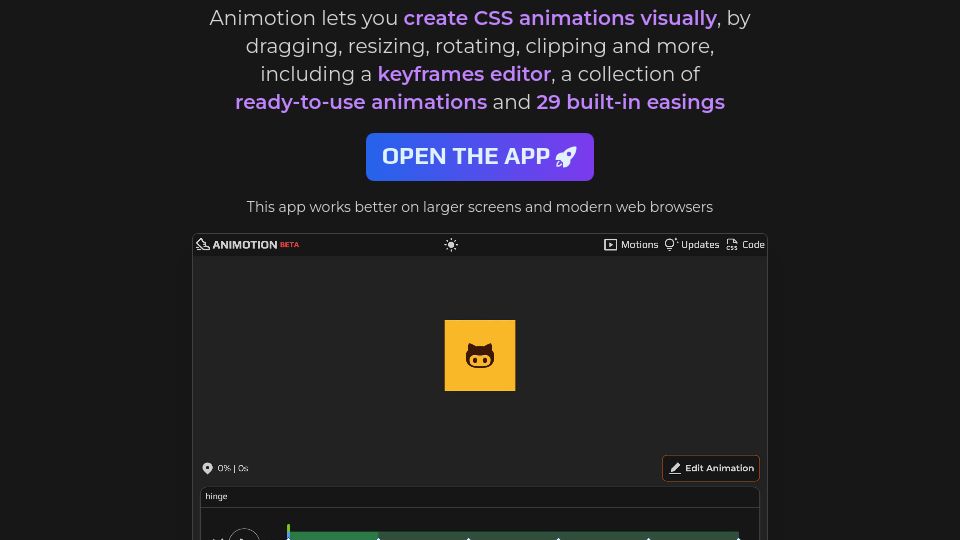 Screenshot of cssanimotion.pages.dev: Animotion – a visual CSS animation app