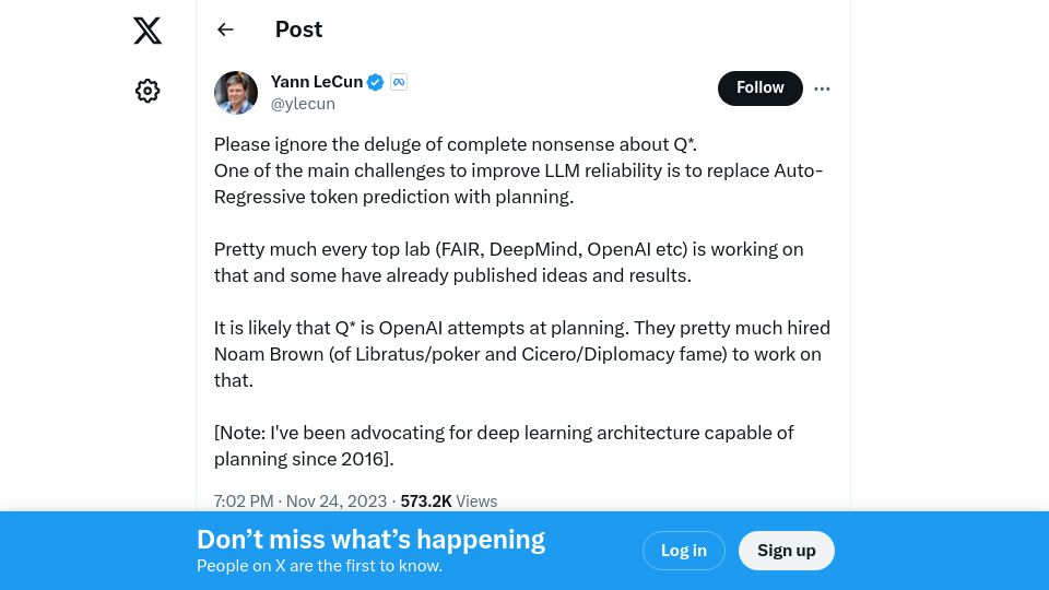 Screenshot of twitter.com: Please ignore the deluge of complete nonsense about Q*