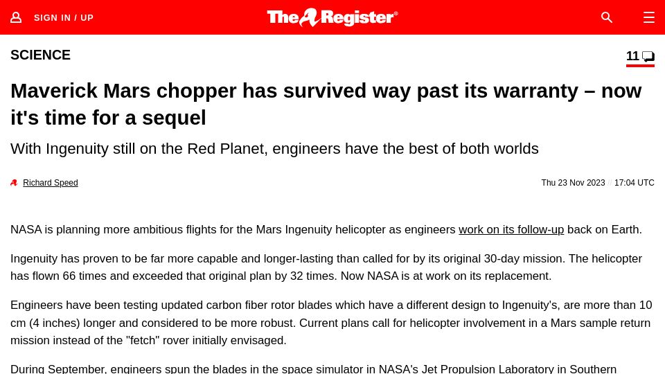 Screenshot of theregister.com: Maverick Mars chopper has survived way past its warranty